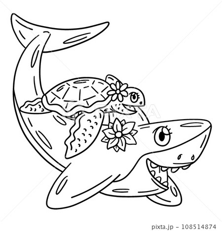 Shark and Turtle Isolated Coloring Page for Kids 108514874
