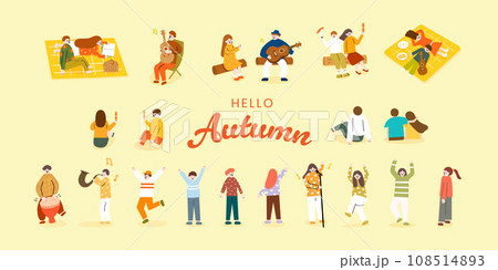 Collection of people enjoying picnic, dancing, and live music events in autumn	 108514893