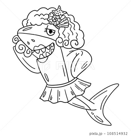 Shark Wearing Wig and Skirt Isolated Coloring Page 108514932