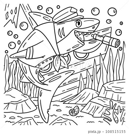 Shark in Marine Outfit Coloring Page for Kids Shark in Marine Outfit Coloring Page for Kids 108515155