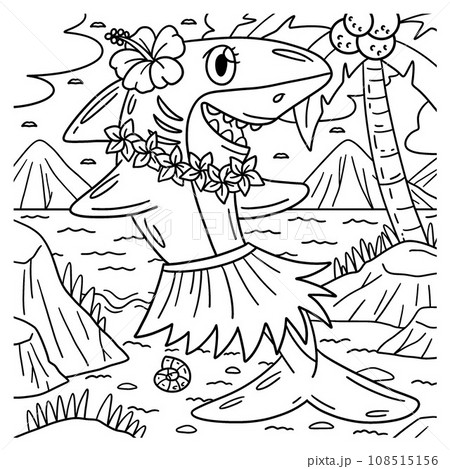 Shark Wearing Flowers and Hula Skirt Coloring Page 108515156