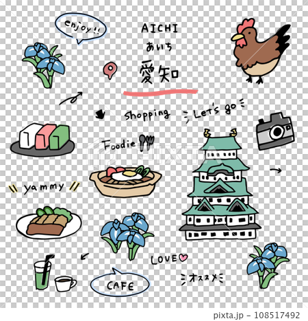 愛知の手描きのアイコンセット 108517492