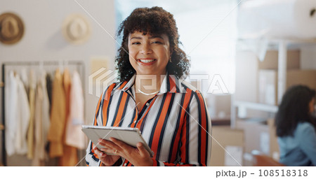 Portrait, boxes and woman with a tablet, ecommerce and smile with connection, internet and delivery. App, person or employee with tech, shipping and company website with online order or supply chain Portrait, boxes and woman with a tablet, ecommerce and smile with connection, internet and delivery. App, person or employee with tech, shipping and company website with online order or supply chain 108518318