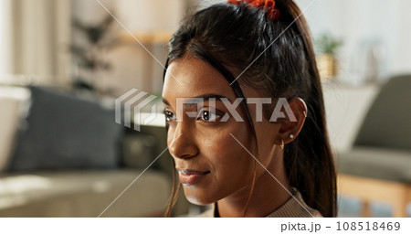 Thinking, idea and young woman in apartment for reflection, memory or dreaming in the living room. Brainstorming, planning and Indian female person with decision face relaxing in the lounge at home. Thinking, idea and young woman in apartment for reflection, memory or dreaming in the living room. Brainstorming, planning and Indian female person with decision face relaxing in the lounge at home. 108518469
