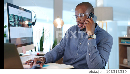 Businessman, notes and phone call for research in office, working and discussion on proposal, report and project. Black person, internet and conversation on agenda, contact us and information in plan 108518559
