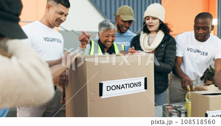 Team, volunteer and people for charity, donations and community service or social responsibility. Happy group of workers, non profit and collaboration in outreach program, distribution and support 108518560