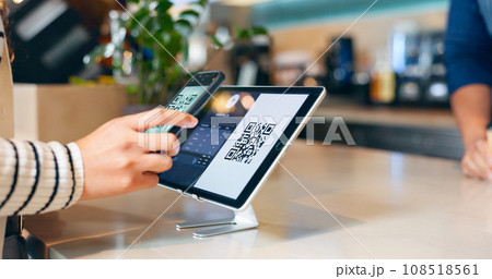 Hands, phone and qr code in coffee shop, payment and fintech app with pos, deal and services with scanning in store. People, smartphone and machine for point of sale, banking and barcode in cafeteria 108518561