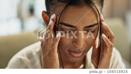 Face of indian woman, pain and headache in home for depression, mental health and anxiety of fatigue, mistake and stress. Tired, sad and frustrated with trauma, broken heart or challenge of brain fog 108518928