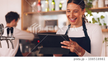 Happy woman, restaurant or barista on tablet for small business owner, social media update or sales promotion. Waitress, startup or person laughing on technology for coffee shop news or cafe online 108518981