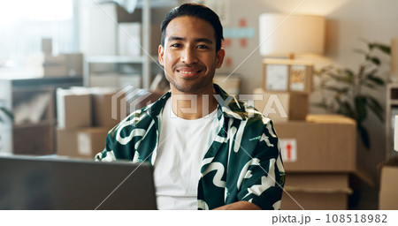 Ecommerce, man and portrait with laptop in office for research, feedback and supply chain for business. Asian, person and face with pc for logistics, stock administration or package distribution data 108518982