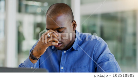 Businessman, stress and thinking in office, anxiety and burnout for crisis, issue and profession. Black person, frustrated and worry for deadline, mistake and pressure or overwhelmed or overworked 108518985