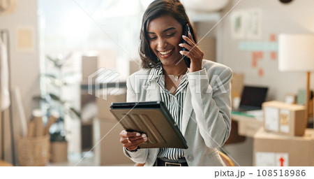 Woman, phone call and boxes with tablet for logistics, startup inventory and small business or courier. Entrepreneur or seller talking on mobile, digital technology and e commerce order with packages 108518986