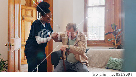Old man, walking stick or nurse in nursing home to help in retirement for wellness or medical support. Parkinson, black woman or caregiver with an elderly person in physical therapy or rehabilitation 108518993