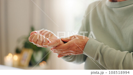Hands, check pulse and heart rate, health and senior person with cardiovascular healthcare. Help, support and medical aid, closeup and monitor heartbeat with cardiology and elderly care for wellness 108518994