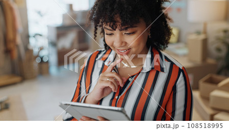 Business, supply chain and woman on tablet thinking for delivery, logistics and startup. Ecommerce, online shopping and person on digital tech for website, internet and shipping or distribution 108518995