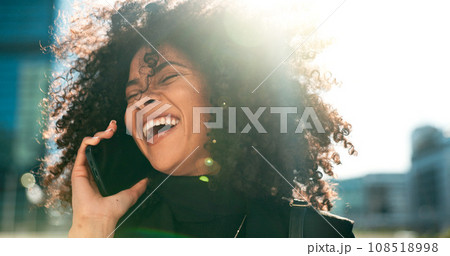 Outdoor, phone call and woman with a smile, funny and contact with communication, connection and speaking. Person in a city, lens flare and happy girl with a smartphone, conversation and digital app 108518998