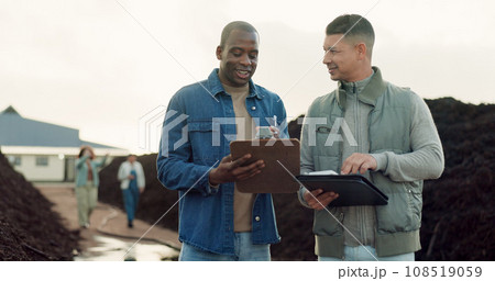 Team, fertilizer business and agriculture of people with clipboard, talking and collaboration. Happy men in discussion for industrial compost plant, recycle soil and organic waste management outdoor Team, fertilizer business and agriculture of people with clipboard, talking and collaboration. Happy men in discussion for industrial compost plant, recycle soil and organic waste management outdoor 108519059