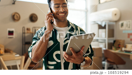 Phone call, fashion and a man with a tablet for a delivery, stock communication or reading email. Ecommerce, sales and an Asian employee with technology and conversation on mobile to check inventory Phone call, fashion and a man with a tablet for a delivery, stock communication or reading email. Ecommerce, sales and an Asian employee with technology and conversation on mobile to check inventory 108519294