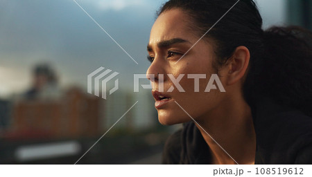 Woman, athlete and thinking outdoor for fitness, exercise or wellness with city background or nature. Runner, person and mindfulness for workout, training and healthy body with sportswear in town 108519612