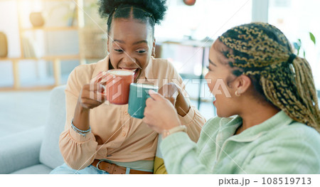 Home, friends and women with coffee, funny and relax with conversation, weekend break and communication. Apartment, people and girls with tea, cheers and discussion with support, talking and espresso 108519713