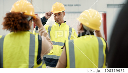 Construction site, teamwork and people in meeting for planning, brainstorming and discussion in building. Architecture, engineering and men and women for inspection, property development and project 108519981