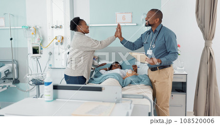 Pediatrician, high five and parent with child in hospital for healthcare consultation in a clinic for health assessment. Medicine, success and mom love kid with care, support and doctor winning 108520006