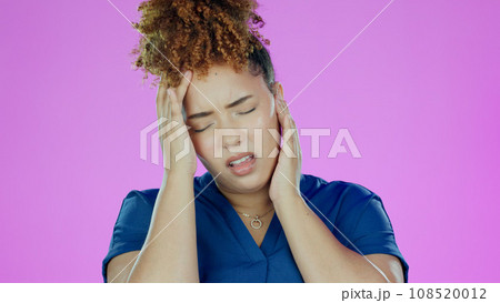 Fibromyalgia, black woman and muscle injury with stress and uncomfortable ache in studio on pink background. Neck pain, African person and inflammation, strain or anxiety with joint risk or problem 108520012