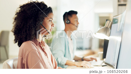 Telemarketing, black woman and crm worker on a consultation at call center with computer. Consultant, employee and discussion of office and agency sale communication with customer support on web 108520208