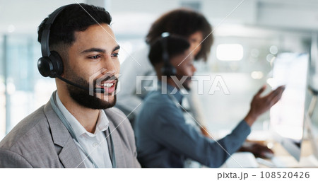 Computer, call center and happy man talking, crm and support at help desk office. Technology, customer service and sales agent consulting, telemarketing communication or speaking to business contact Computer, call center and happy man talking, crm and support at help desk office. Technology, customer service and sales agent consulting, telemarketing communication or speaking to business contact 108520426