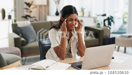 Remote work, headache and woman in home office with laptop, stress or brain fog at house. Freelance, anxiety or lady entrepreneur online in living room with vertigo, disaster or 404, glitch or crisis 108520610