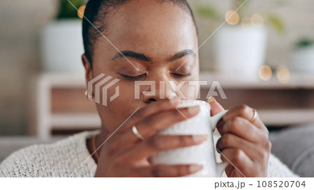 Black woman, meditation and peace with coffee in hands and relax at home, future and mindfulness. Stress free, warm drink and dream, inspiration and self care, calm in lounge and tea for wellness 108520704