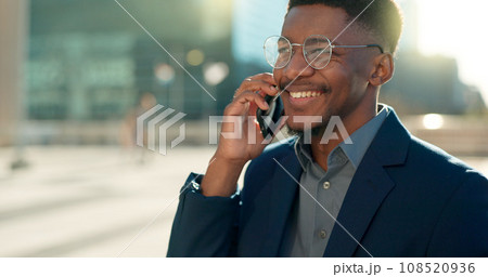 Business deal, city or happy black man on a phone call talking, networking or speaking to chat. Mobile, communication or African male entrepreneur in conversation, discussion or negotiation outdoors 108520936