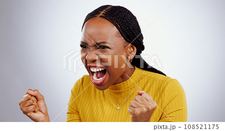 Angry, black woman and frustrated face with scream, shout and yelling in studio white background. Crisis, stress and person voice anger, rage or crazy emoji with problem, mistake or annoyed with fail 108521175
