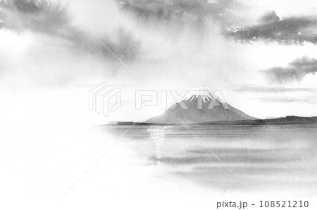 富士山と湖の水墨画 墨絵のイラスト素材 [108521210] - PIXTA