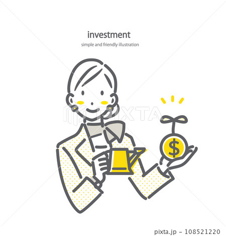 外貨での資産形成を説明する女性スタッフ　シンプルでお洒落な線画イラスト 108521220
