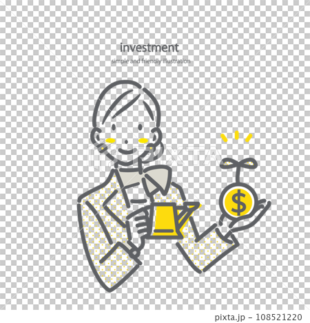 外貨での資産形成を説明する女性スタッフ　シンプルでお洒落な線画イラスト 108521220