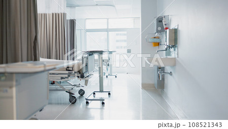 Hospital, modern and interior of bedroom or empty room for healthcare, consulting or healing. Background, medical and clinic space for emergency, rehabilitation or recovery with furniture or light Hospital, modern and interior of bedroom or empty room for healthcare, consulting or healing. Background, medical and clinic space for emergency, rehabilitation or recovery with furniture or light 108521343