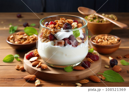 Granola with yogurt and nuts and dried cranberries in a glass glass 108521369