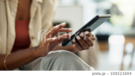 Woman, hands and scroll on smartphone in home, reading social media notification and update online subscription. Closeup, cellphone app and download mobile games, search digital network and contact 108521604