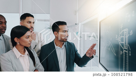 Presentation, renewable energy and teamwork with business people in meeting for planning, engineering and environment. Technology, research and blueprint with employees in office for model workshop 108521798