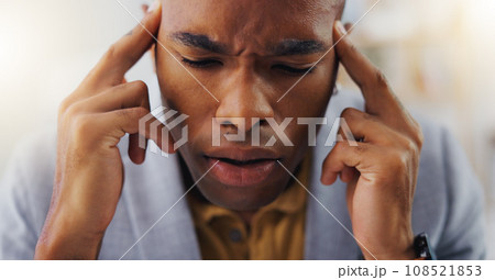 Mental health burnout, sad or black man depressed from office stress, business pressure or corporate crisis. Pain, depression and tired person, consultant or professional worker with headache problem 108521853