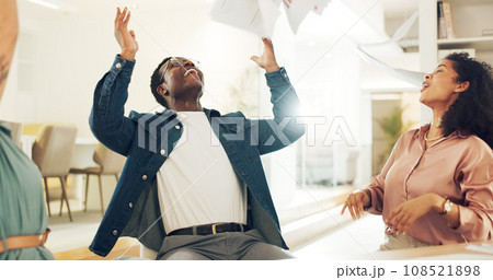 Meeting, celebration and paper in air with man with success in office with wow and employee motivation from deal. Happy, excited and group with company growth, target goal and document confetti Meeting, celebration and paper in air with man with success in office with wow and employee motivation from deal. Happy, excited and group with company growth, target goal and document confetti 108521898