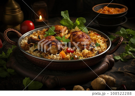 Chicken biryani served in a bronze bowl 108522288