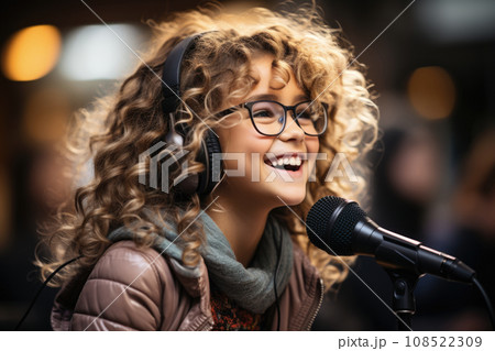 A happy girl in glasses with headphones sings into a microphone 108522309