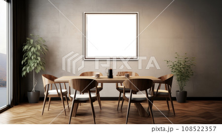 Mockup of posters or framed paintings in a dining room with a wooden table and chairs Mockup of posters or framed paintings in a dining room with a wooden table and chairs 108522357