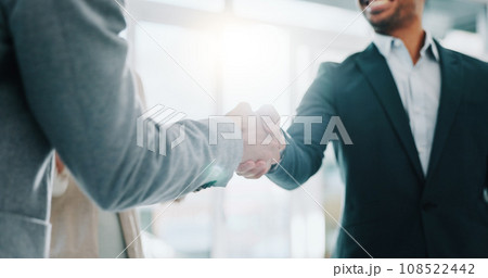 Business people, handshake and applause in meeting, thank you or promotion in teamwork at office. Group of employees shaking hands and clapping in team hiring, recruiting or greeting at workplace 108522442