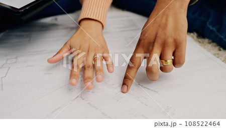 Closeup, hands and couple with blueprint, cooperation or construction with planning, project or real estate. Man, architecture or engineer with documents, woman or conversation with planning or house 108522464