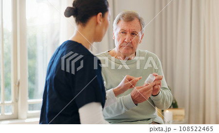 Pills bottle, senior man and nurse explain product description, medicine dosage or prescription drugs. Medical patient, nursing home and caregiver giving pharmaceutical supplements for health support Pills bottle, senior man and nurse explain product description, medicine dosage or prescription drugs. Medical patient, nursing home and caregiver giving pharmaceutical supplements for health support 108522465