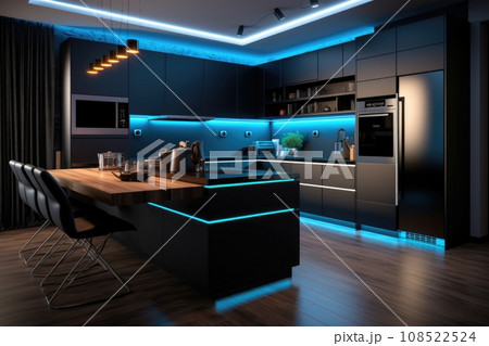 Modern kitchen with a bar counter and neon lighting Modern kitchen with a bar counter and neon lighting 108522524