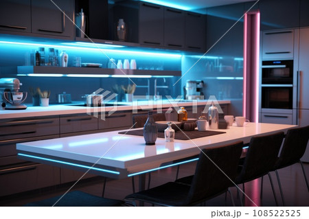 Interior of a modern kitchen with neon lighting Interior of a modern kitchen with neon lighting 108522525